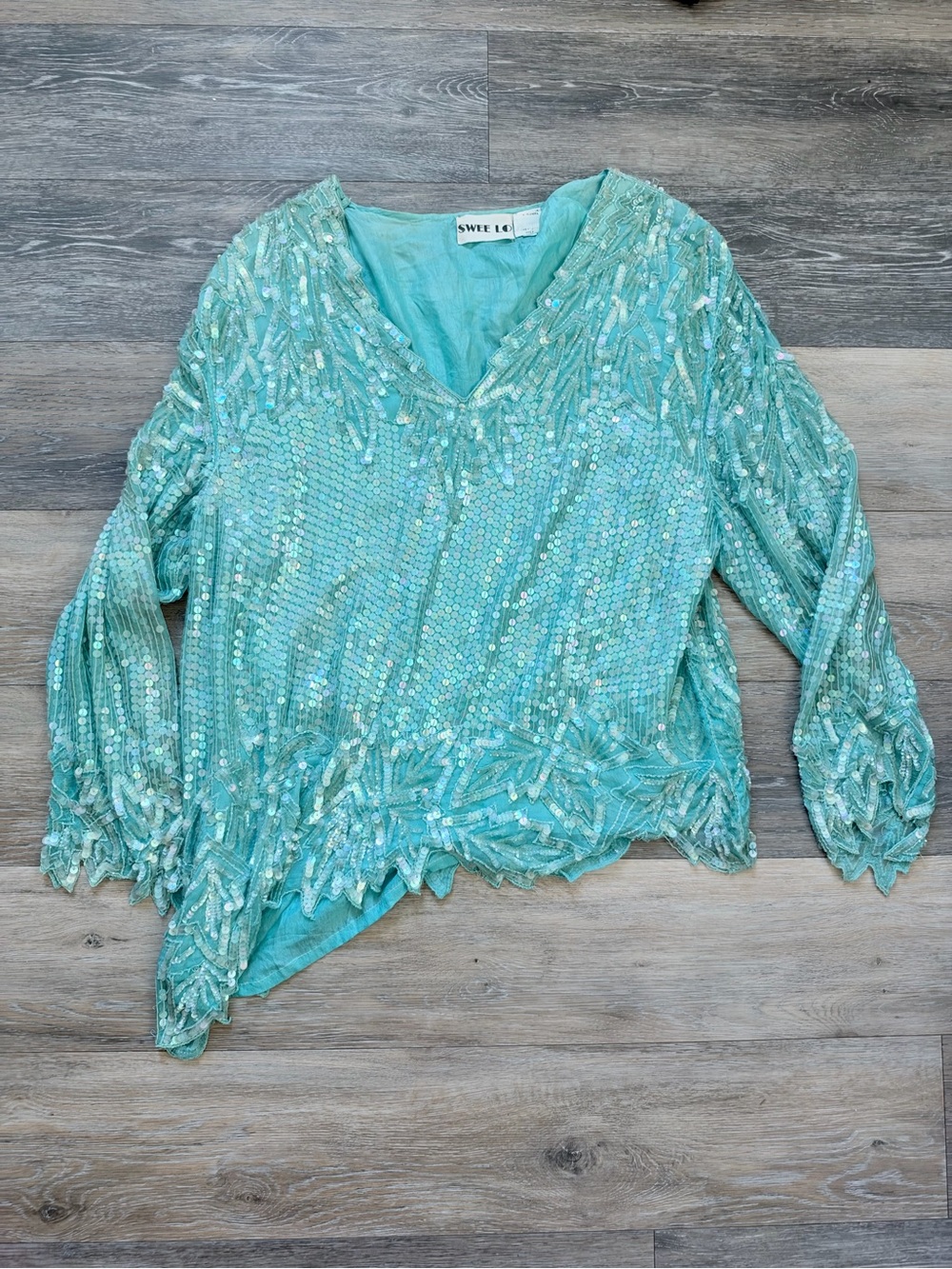 Swee Lo Turquoise Blue Sequin Beaded Silk Chiffon Vintage 80s Blouse